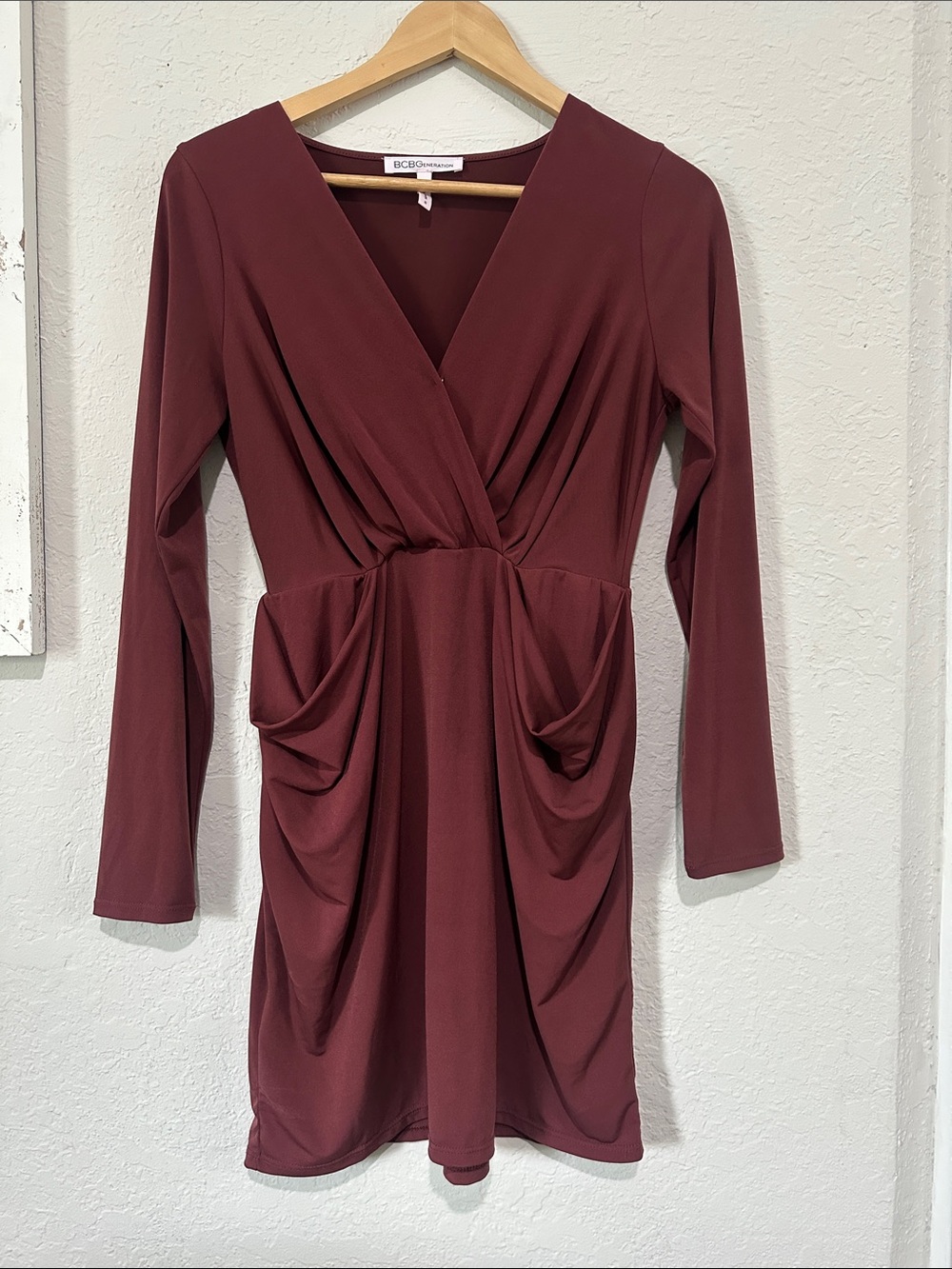 BCBGeneration Long Sleeve Draped V-Neck Dress in Burgundy
